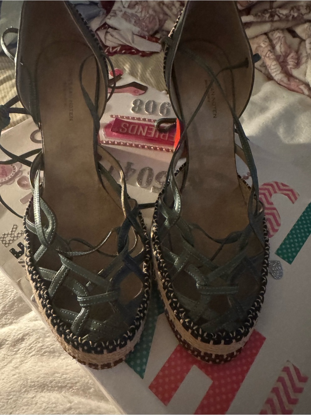 Dries Van Noten Olive Green Woven Wedge Espadrille Sandals